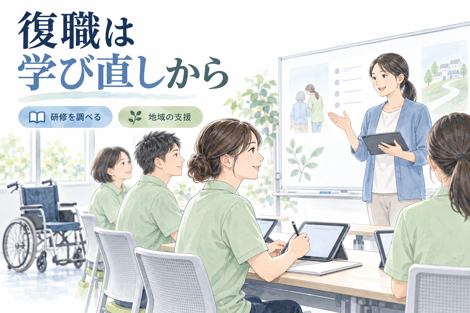 介護職 復職：復職は学び直しからの文字と仕事内容を描くイラスト
