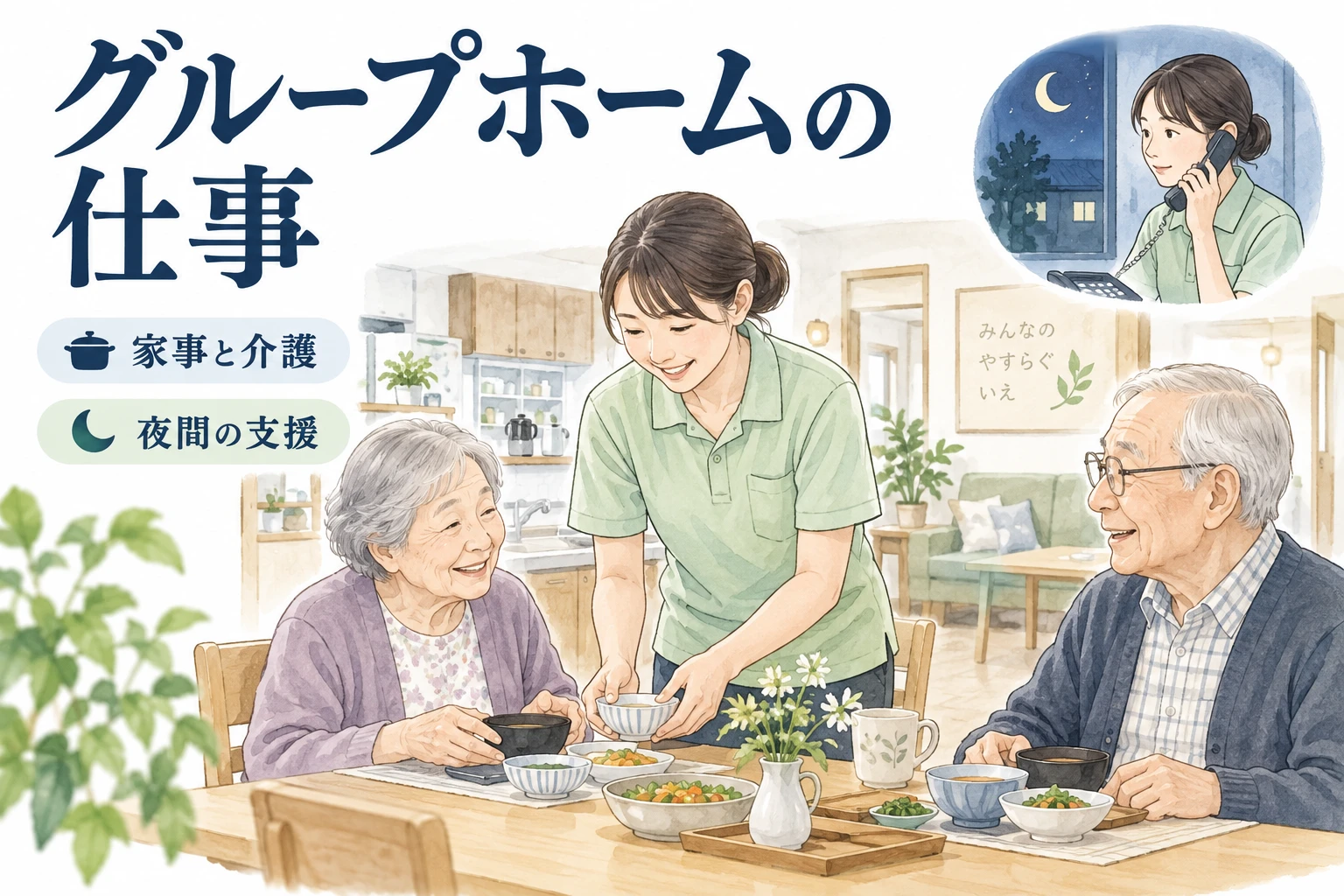 グループホーム 転職：グループホームの仕事の文字と仕事内容を描くイラスト
