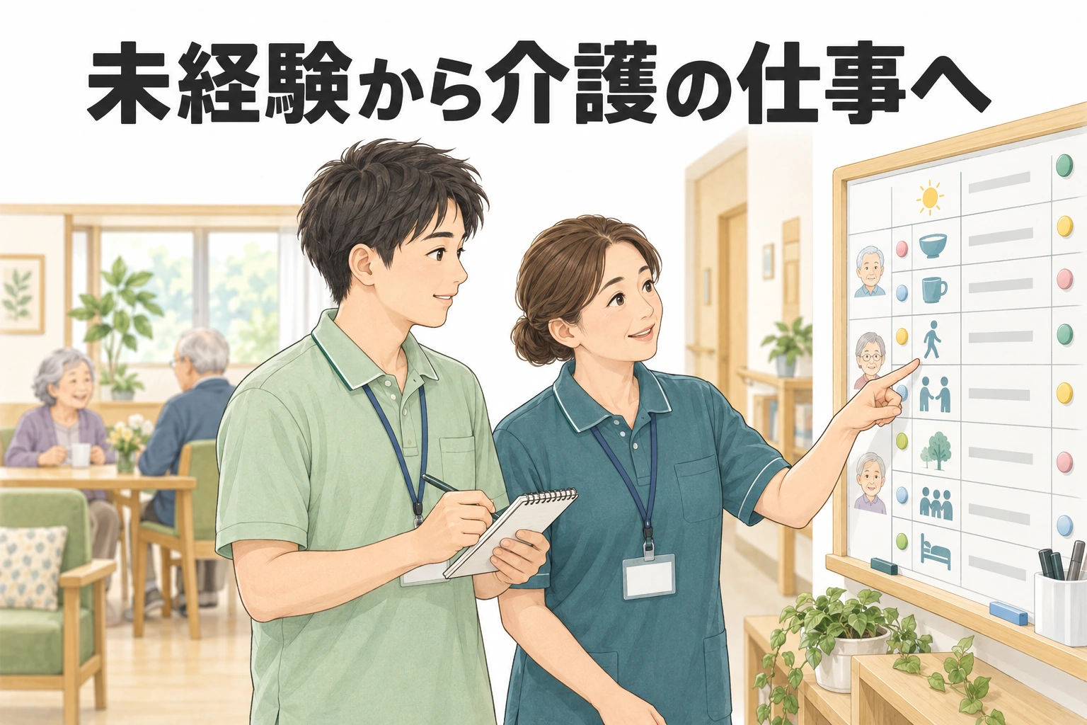 介護 未経験 転職：「未経験から介護の仕事へ」の文字と、予定表を指して説明する職員と、メモを取る新人のイラスト
