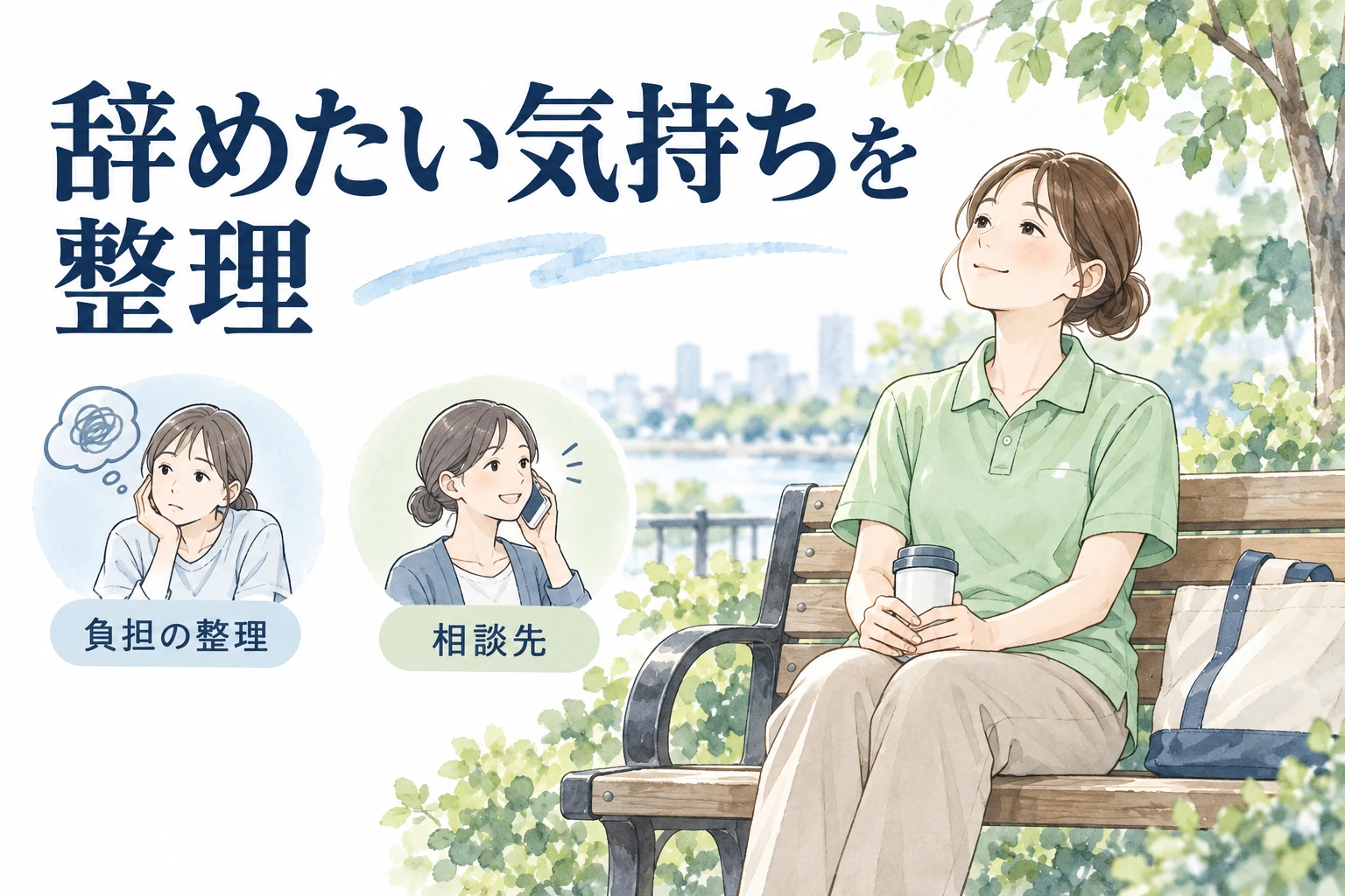 介護 辞めたい：辞めたい気持ちを整理の文字と仕事内容を描くイラスト