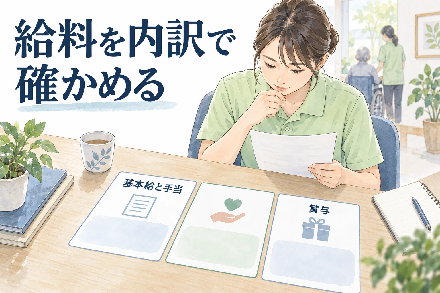介護福祉士 給料：給料を内訳で確かめるの文字と仕事内容を描くイラスト
