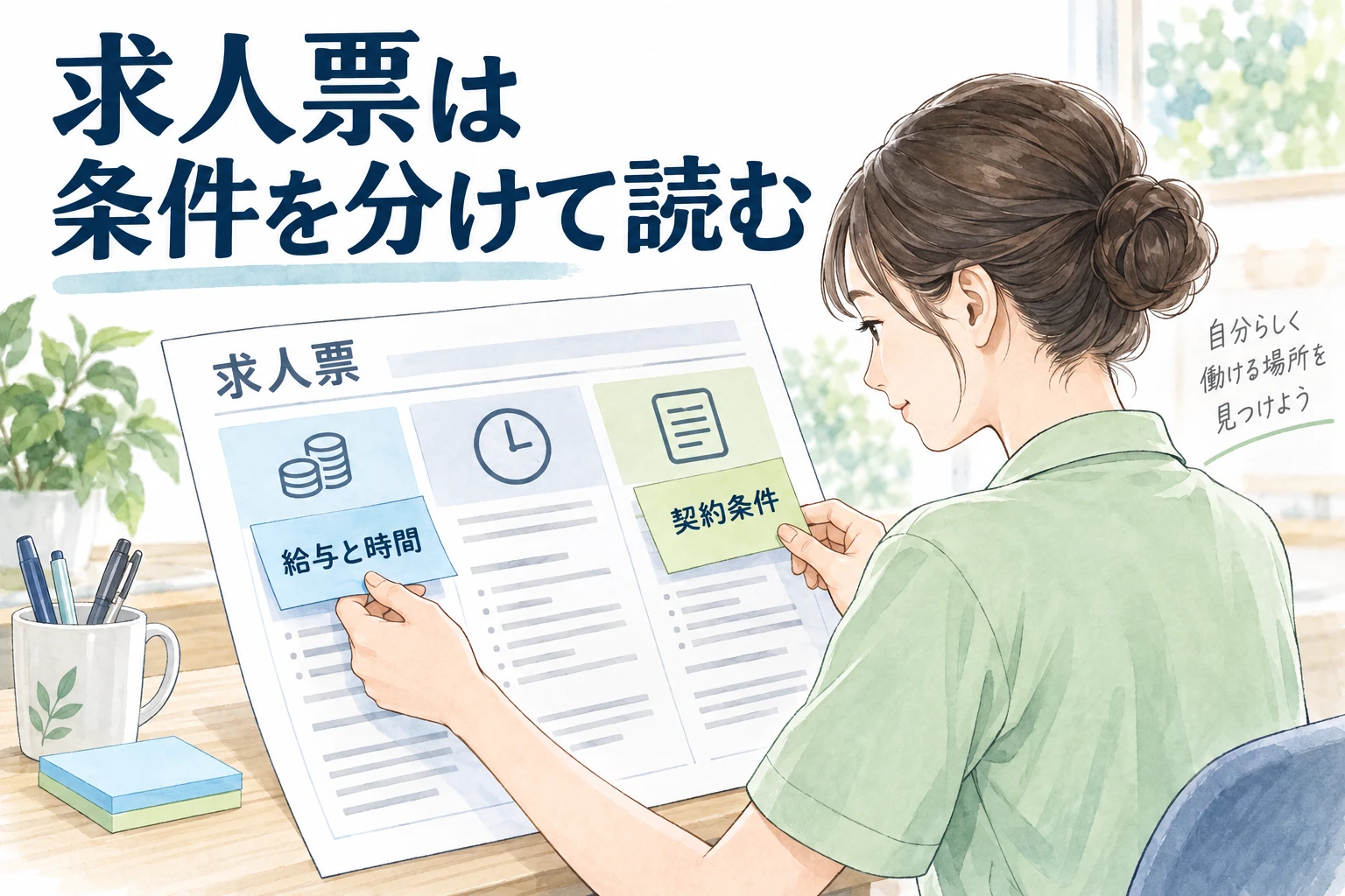 介護 転職 求人票：求人票は条件を分けて読むの文字と仕事内容を描くイラスト