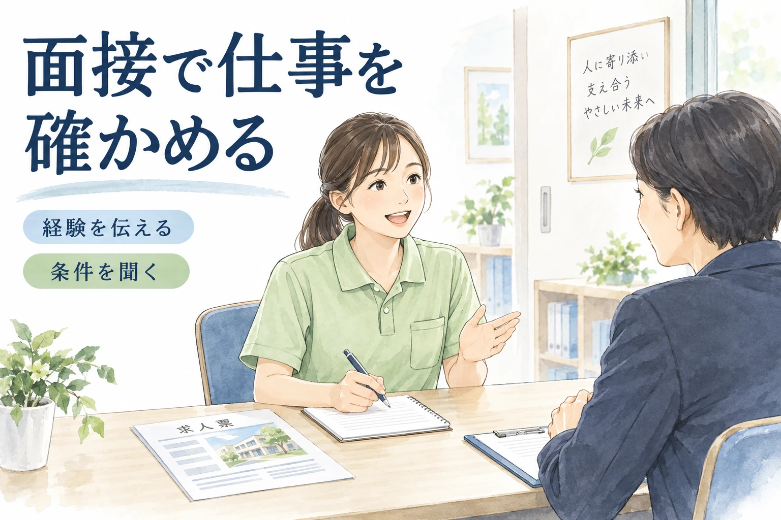 介護 転職 面接：面接で仕事を確かめるの文字と仕事内容を描くイラスト