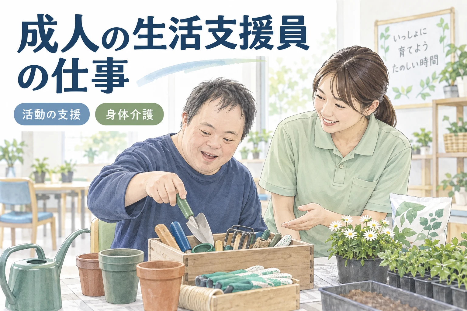 生活支援員 転職：成人の生活支援員の仕事の文字と仕事内容を描くイラスト