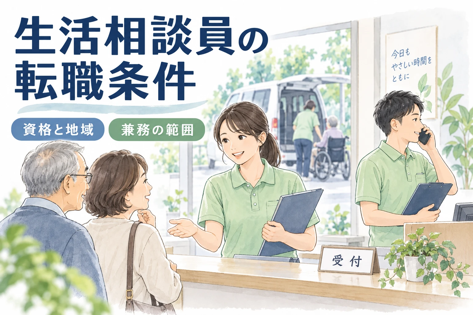 生活相談員 転職：生活相談員の転職条件の文字と仕事内容を描くイラスト