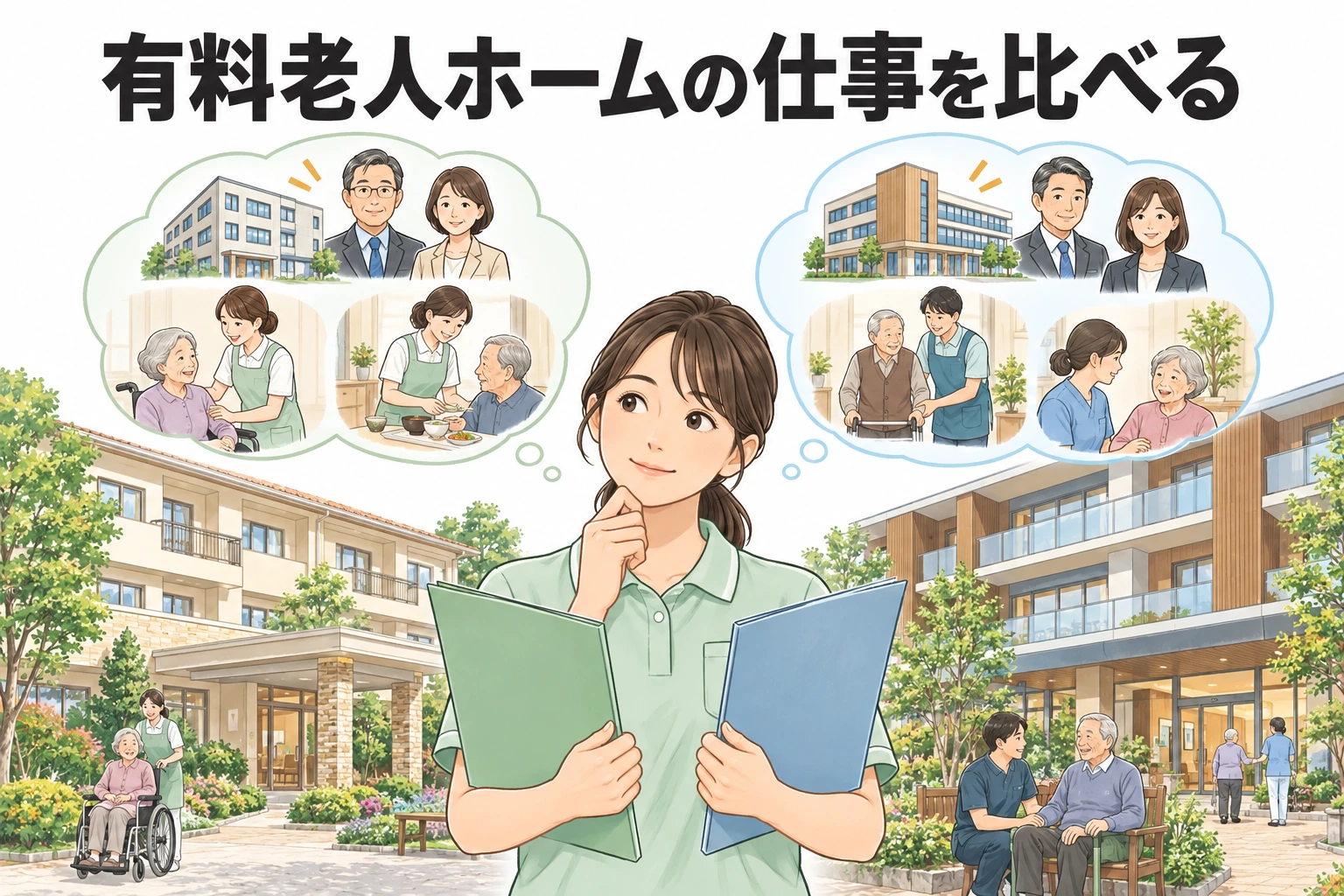 有料老人ホーム 転職：「有料老人ホームの仕事を比べる」の文字と、2つの施設の書類を手に仕事を思い浮かべる介護職員のイラスト
